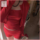 HB5469 Women's suit red long-sleeved cardigan inner suspenders tight shorts three-piece suit for women