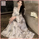 HB4941 Women's lantern long-sleeved dress gentle seaside V-neck floral long dress