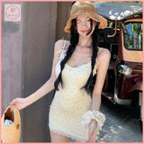 HB5589 Women's bow lace floral suspender dress summer gentle apricot short skirt hip skirt