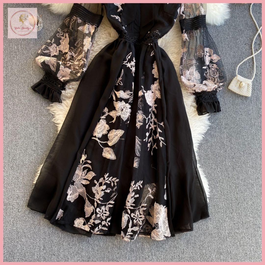 HB2982 Women's Dress  embroidery flowers fur round neck tie temperament elegant Long sleeve Black dress