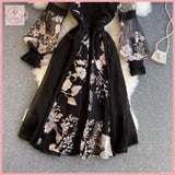 HB2982 Women's Dress  embroidery flowers fur round neck tie temperament elegant Long sleeve Black dress