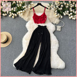 HB5625 Women's coords two-piece suit summer style vacation lace camisole + high waist casual trousers set