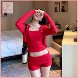 HB5469 Women's suit red long-sleeved cardigan inner suspenders tight shorts three-piece suit for women