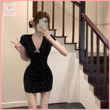 HB5568 Women's Bowknot floral v-neck short-sleeved dress waist-pinching hip skirt slimming short skirt