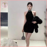 HB5496 Women's halter neck backless sequined velvet dress high-end hip-wrapped banquet small dress