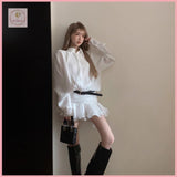 HB5640 Women's long-sleeved shirt dress women's spring waist ruffle skirt white design a-line short skirt