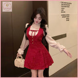 HB5266 Women's Red brushed fragrant style suspender dress for women autumn and winter new year atmosphere bow tie retro dress