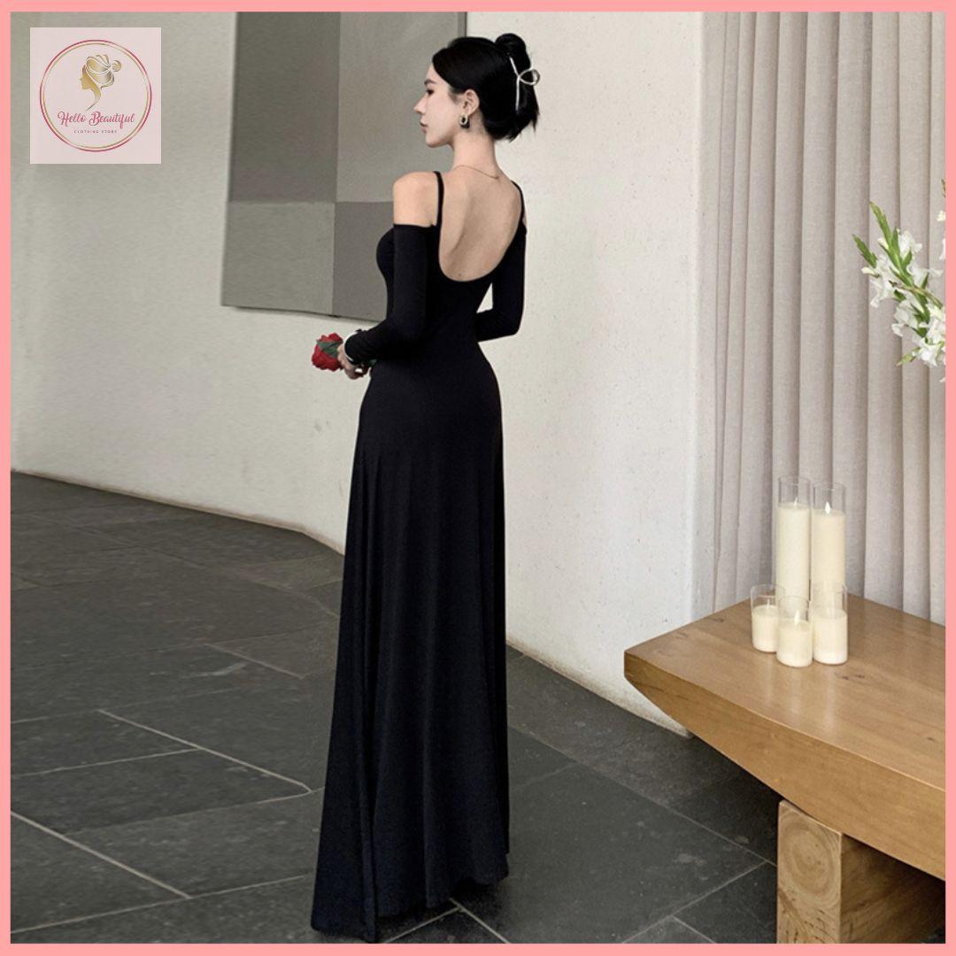 HB5255 Women's hollow neck long-sleeved dress high waist A-line skirt slim drape long skirt