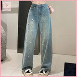 HB4251 Women's denim pants Pearl design Straight Jeans Women Spring and Autumn Design Pants fitted High Waist Loose Wide Pants Mopping Trousers