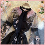 HB2982 Women's Dress  embroidery flowers fur round neck tie temperament elegant Long sleeve Black dress