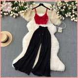 HB5625 Women's coords two-piece suit summer style vacation lace camisole + high waist casual trousers set