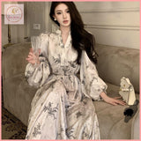 HB4941 Women's lantern long-sleeved dress gentle seaside V-neck floral long dress