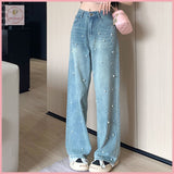 HB4251 Women's denim pants Pearl design Straight Jeans Women Spring and Autumn Design Pants fitted High Waist Loose Wide Pants Mopping Trousers