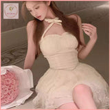 HB5498 Women's lace bow halter neck dress mesh puffy short skirt fairy cake skirt