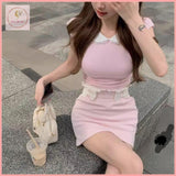 HB5522 Women's pink knitted suit sweet girl slim fit top hip skirt two pieces