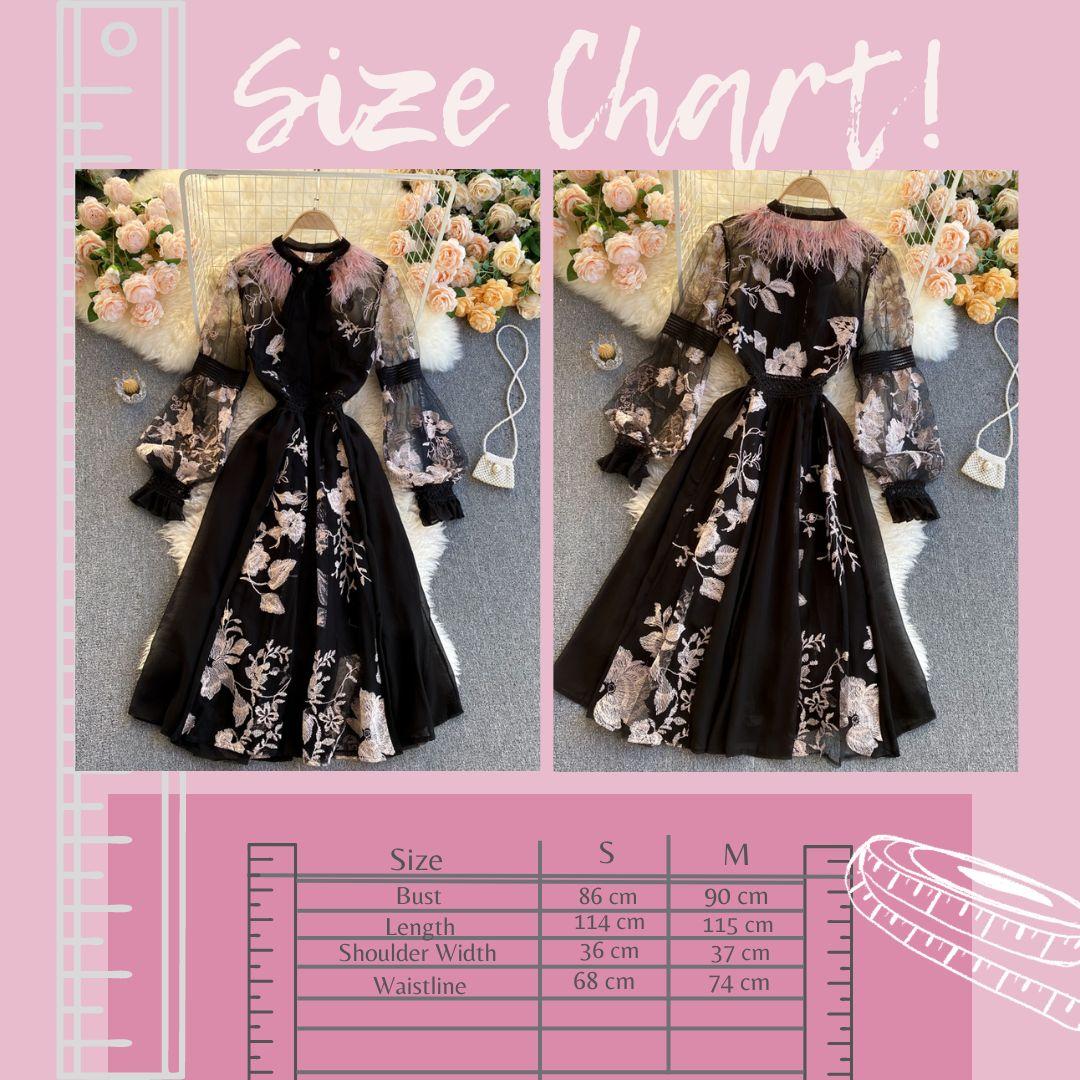 HB2982 Women's Dress  embroidery flowers fur round neck tie temperament elegant Long sleeve Black dress