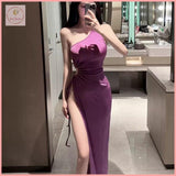 HB2343 Women's off-shoulder sleeveless dress waist slimming elegant temperament slit dress long skirt