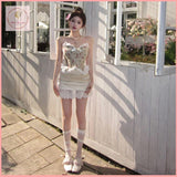 HB5511 Women's Retro floral suspender dress summer waist hip skirt lace bow short skirt