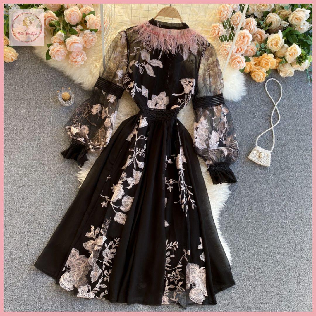 HB2982 Women's Dress  embroidery flowers fur round neck tie temperament elegant Long sleeve Black dress