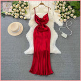 HB5418 Women's dress Retro suspenders red acetate sexy swing collar suspenders long skirt fashionable fitted waist hip dress