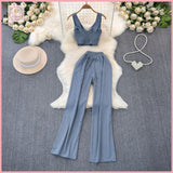 HB5654 Women Coords Fashion suit for women in summer, Korean style fitted , padded top, two-piece suit, casual, high waisted straight cut wide pants