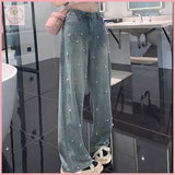 HB4251 Women's denim pants Pearl design Straight Jeans Women Spring and Autumn Design Pants fitted High Waist Loose Wide Pants Mopping Trousers