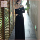 HB5255 Women's hollow neck long-sleeved dress high waist A-line skirt slim drape long skirt