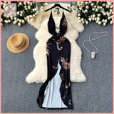 HB5629 Womens dress Scheming hollow low-cut halter neck suspender female sexy hot girl dress backless suspender printed dress