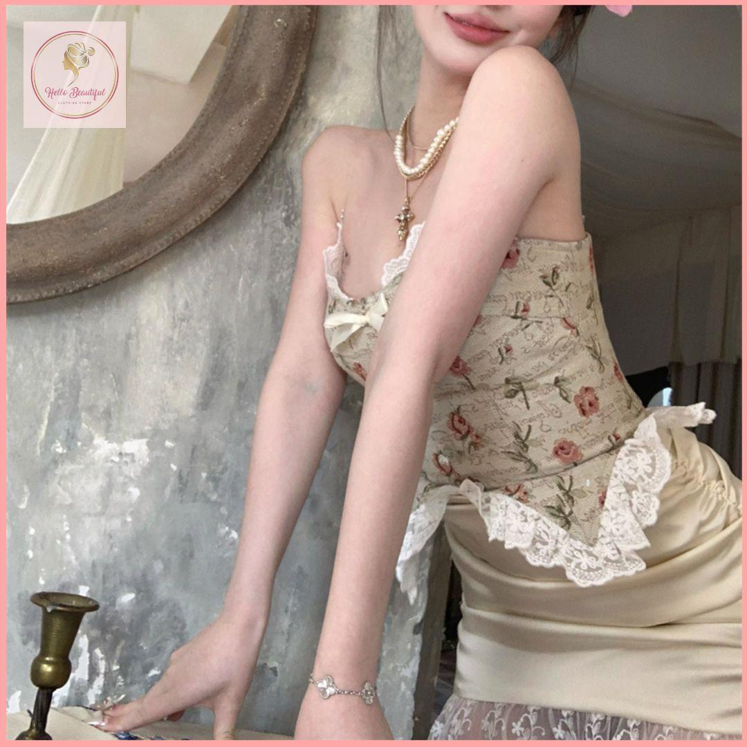 HB5511 Women's Retro floral suspender dress summer waist hip skirt lace bow short skirt