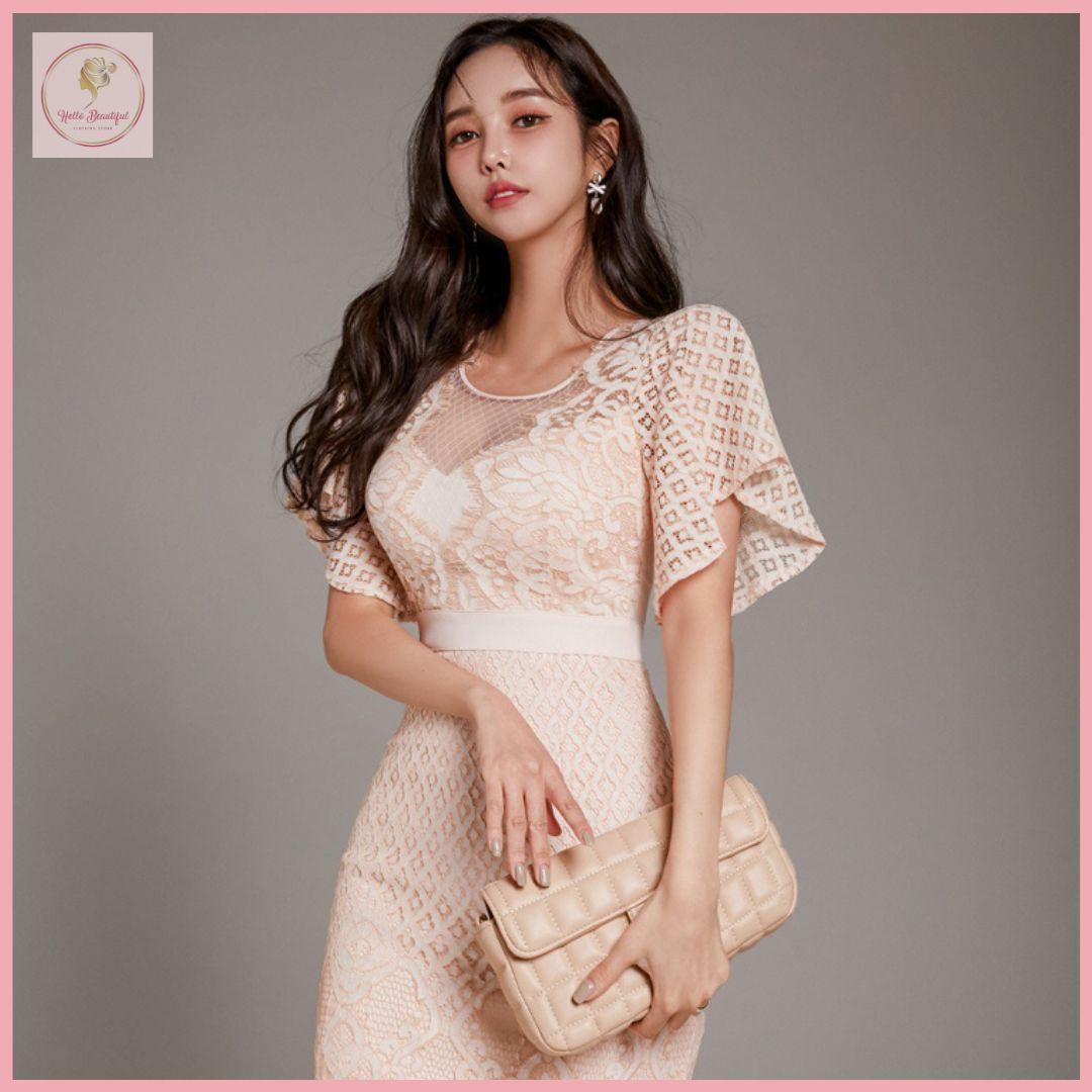 HB440 Women's dress 2024 new temperament mesh fitted dress hip dress celebrity trumpet sleeve high waist splicing Elegant dress