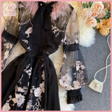 HB2982 Women's Dress  embroidery flowers fur round neck tie temperament elegant Long sleeve Black dress