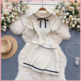 HB5419 Women's coords Knitted set for women, sweet bowknot collar short-sleeved top, contrasting color pleated skirt, college style two-piece suit