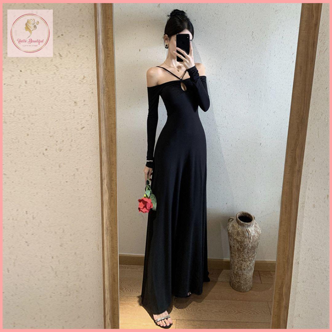 HB5255 Women's hollow neck long-sleeved dress high waist A-line skirt slim drape long skirt