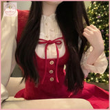 HB5266 Women's Red brushed fragrant style suspender dress for women autumn and winter new year atmosphere bow tie retro dress