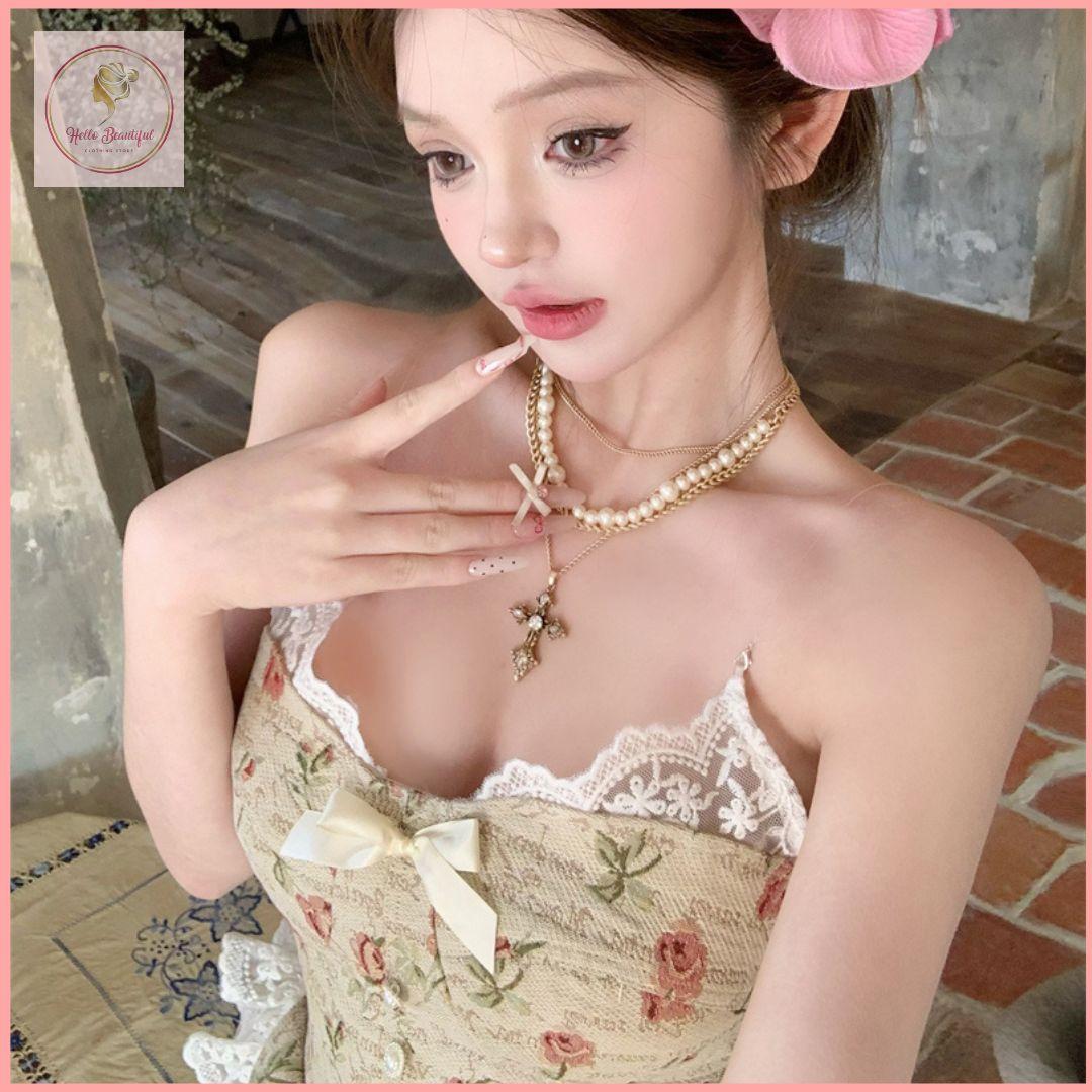 HB5511 Women's Retro floral suspender dress summer waist hip skirt lace bow short skirt