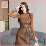 HB5417 Women's leather skirt dress set two-piece suit high waist