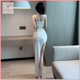 HB5149 Women's Suit Skirt Feminine Fishbone Strap Top + High Waist Slit Covering Hips One-Step Long Skirt Two-piece Set