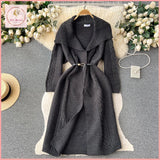 HB4674 Women's Autumn and winter lazy style sweater coat loose mid-length lapel twisted cardigan shawl waist versatile knitted sweater