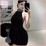 HB5496 Women's halter neck backless sequined velvet dress high-end hip-wrapped banquet small dress