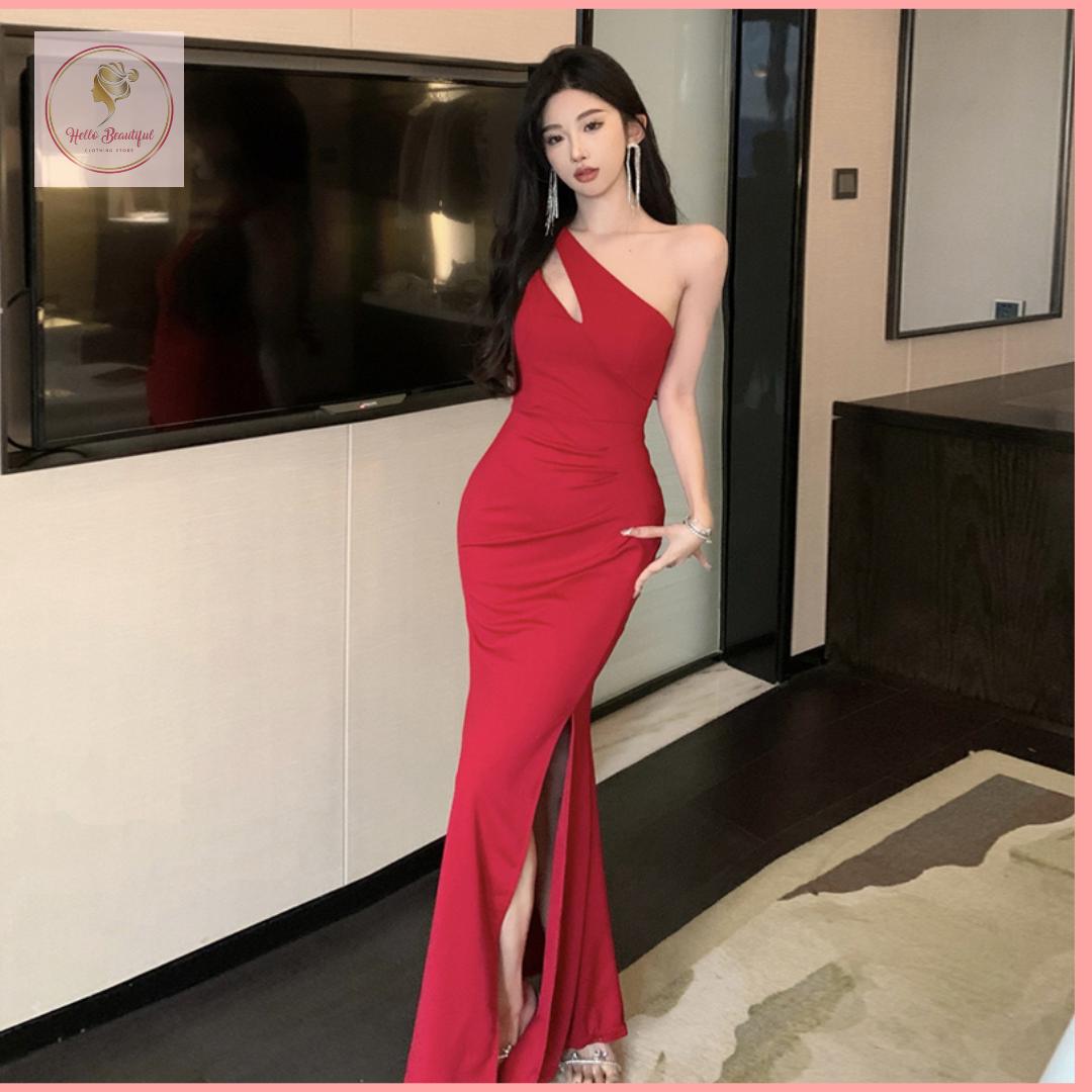 HB5236 Women's sister style slanted shoulder waist bag buttocks fishtail dress banquet style socialite red dress  long skirt