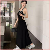 HB5438 Women's backless black halter dress slimming temperament A-line long skirt