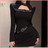 HB5097 Women's black square neck long sleeve waist dress high-grade tight slimming hip skirt