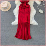 HB5418 Women's dress Retro suspenders red acetate sexy swing collar suspenders long skirt fashionable fitted waist hip dress