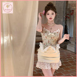 HB5511 Women's Retro floral suspender dress summer waist hip skirt lace bow short skirt