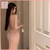 HB5503 Women's backless halter neck dress waist strap hip skirt tight slit mid-length skirt