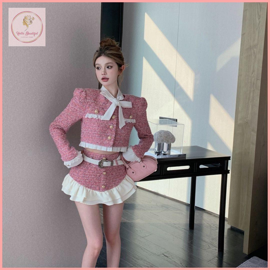 HB5053 Women's style suit, feminine ladylike bow, long-sleeved short coat top, spring and summer A-line short skirt two-piece set