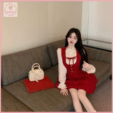 HB5266 Women's Red brushed fragrant style suspender dress for women autumn and winter new year atmosphere bow tie retro dress