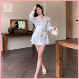 HB5454 Women's Dress High-grade waisted satin shirt dress for women, new summer style, elegant lady style, long-sleeved A-line short skirt