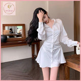 HB5454 Women's Dress High-grade waisted satin shirt dress for women, new summer style, elegant lady style, long-sleeved A-line short skirt