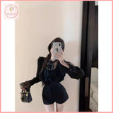 HB5043 Women's lace patchwork shirt female design niche autumn trumpet sleeve shirt long sleeve top